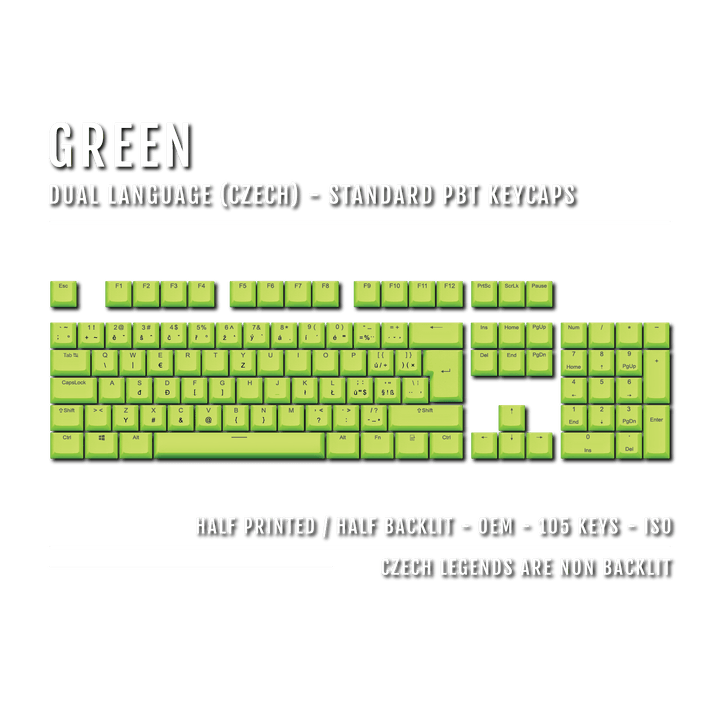 Green PBT Czech Keycaps - ISO-CZ - 100% Size - Dual Language Keycaps - kromekeycaps