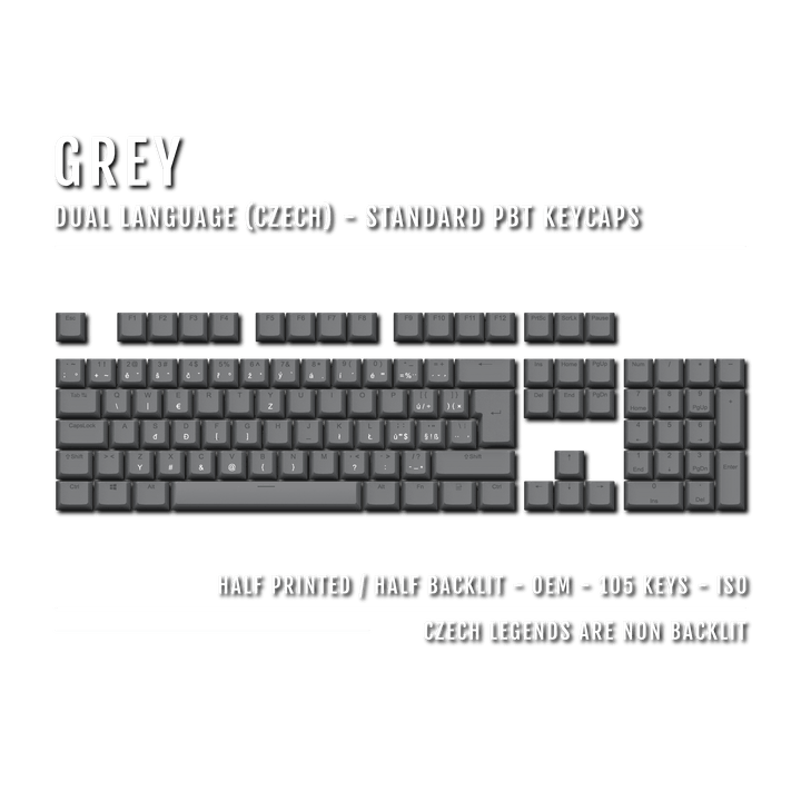 Grey PBT Czech Keycaps - ISO-CZ - 100% Size - Dual Language Keycaps - kromekeycaps