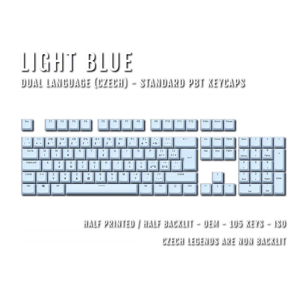 Light Blue PBT Czech Keycaps - ISO-CZ - 100% Size - Dual Language Keycaps - kromekeycaps