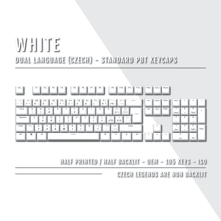 White PBT Czech Keycaps - ISO-CZ - 100% Size - Dual Language Keycaps - kromekeycaps