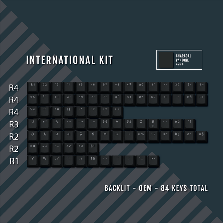 Charcoal International ABS Keycap Conversion Kit Krome Keycaps LTD danish, french, german, italian, norwegian, portuguese, spanish, swedish, swiss