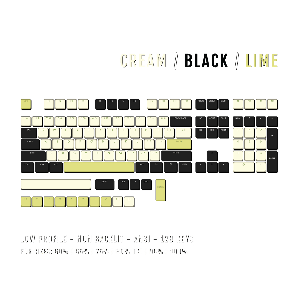 Cream/Black/Lime Low Profile PBT Keycaps Krome Keycaps LTD Non Backlit Low Profile