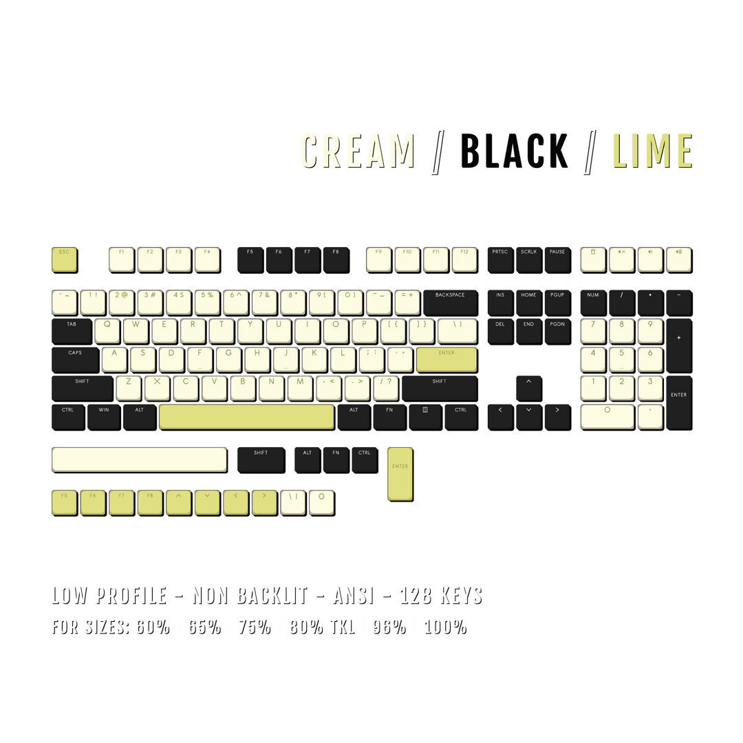 Cream/Black/Lime Low Profile PBT Keycaps Krome Keycaps LTD Non Backlit Low Profile