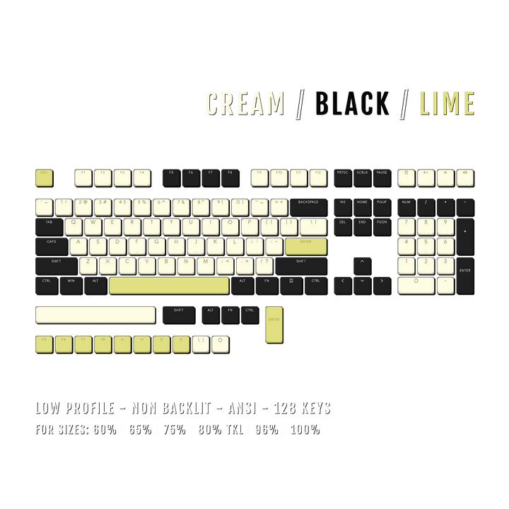 Cream/Black/Lime Low Profile PBT Keycaps Krome Keycaps LTD Non Backlit Low Profile