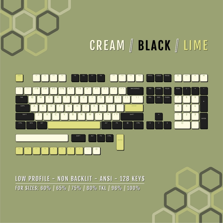 Cream/Black/Lime Low Profile PBT Keycaps Krome Keycaps LTD Non Backlit Low Profile
