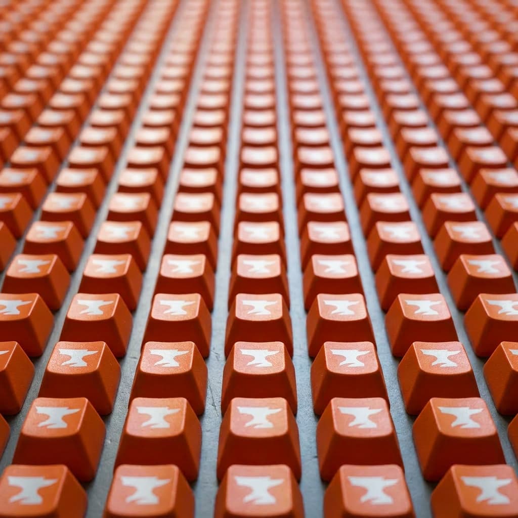 Close-up of orange keycaps with white symbols arranged in rows.
