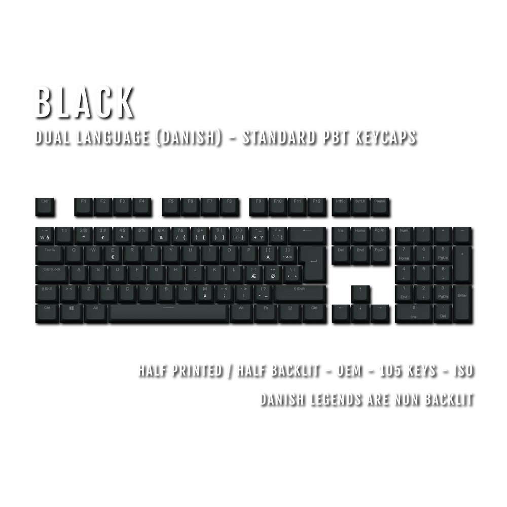 Black PBT Danish Keycaps - ISO-DK - 100% Size - Dual Language Keycaps - kromekeycaps