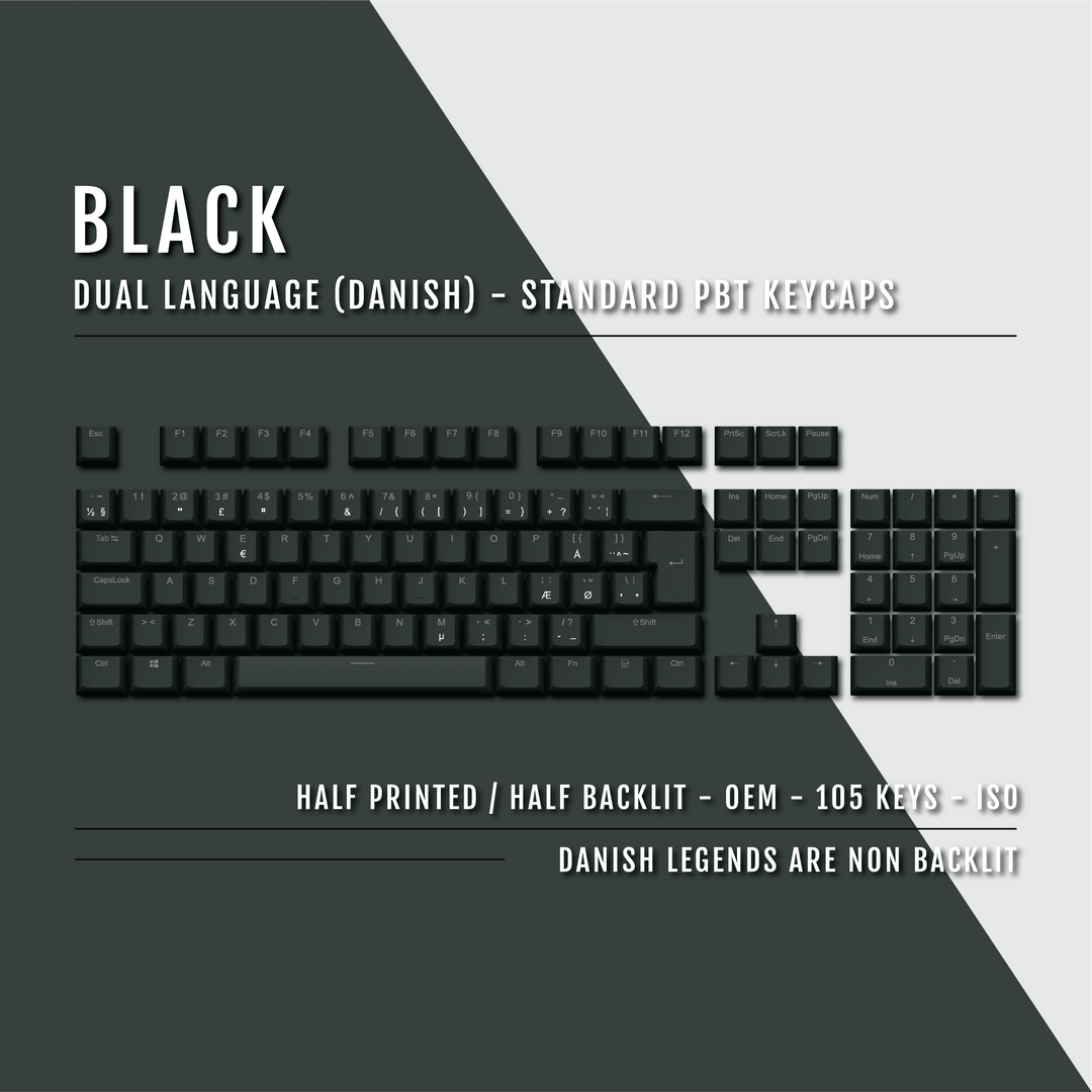 Black PBT Danish Keycaps - ISO-DK - 100% Size - Dual Language Keycaps - kromekeycaps