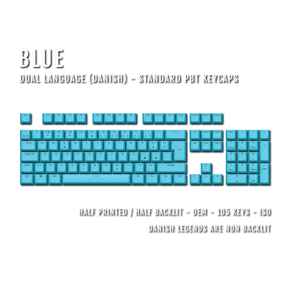 Blue PBT Danish Keycaps - ISO-DK - 100% Size - Dual Language Keycaps - kromekeycaps