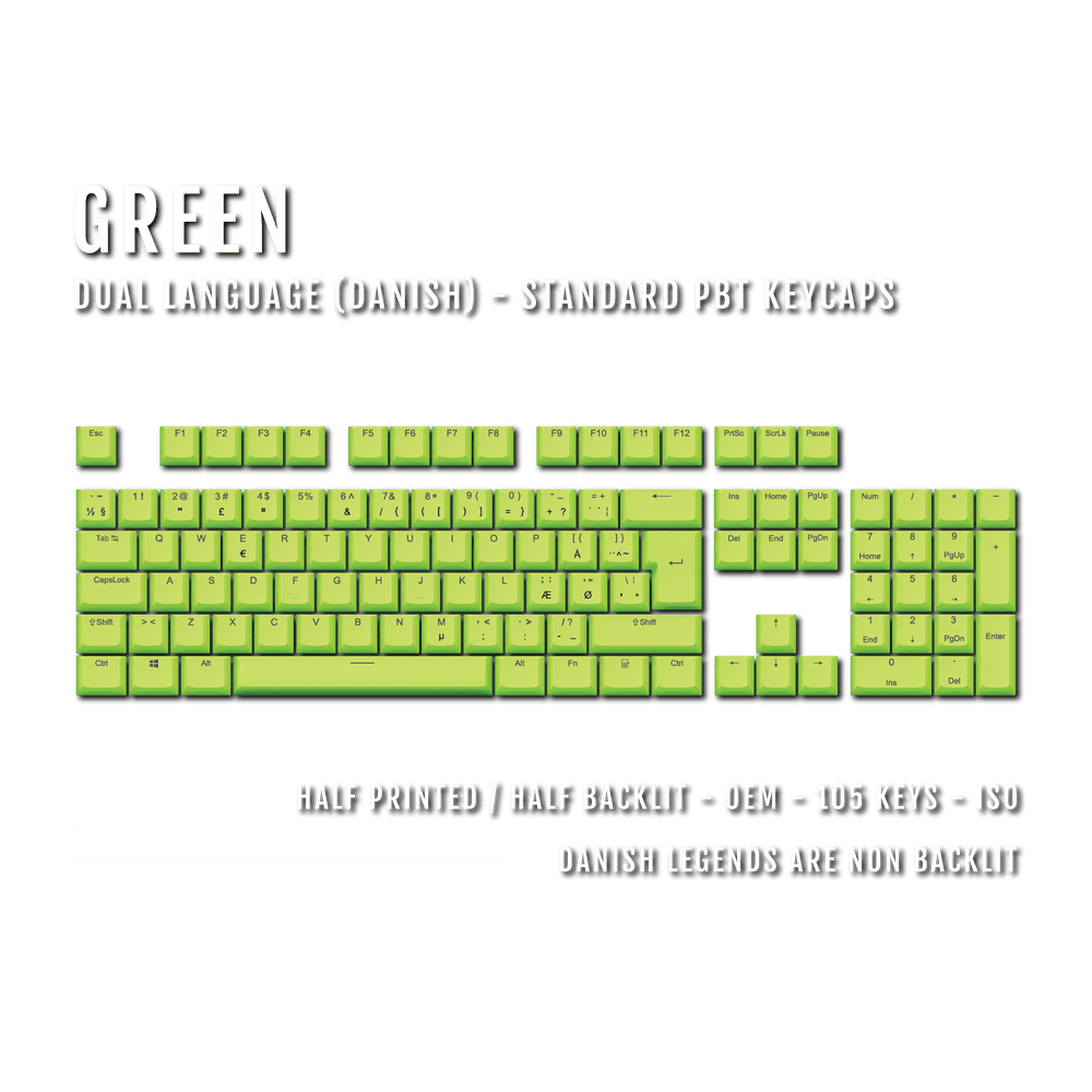 Green PBT Danish Keycaps - ISO-DK - 100% Size - Dual Language Keycaps - kromekeycaps