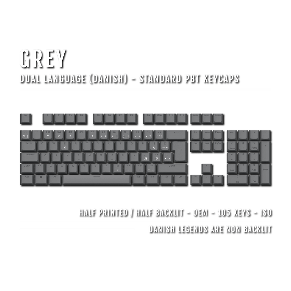 Grey PBT Danish Keycaps - ISO-DK - 100% Size - Dual Language Keycaps - kromekeycaps