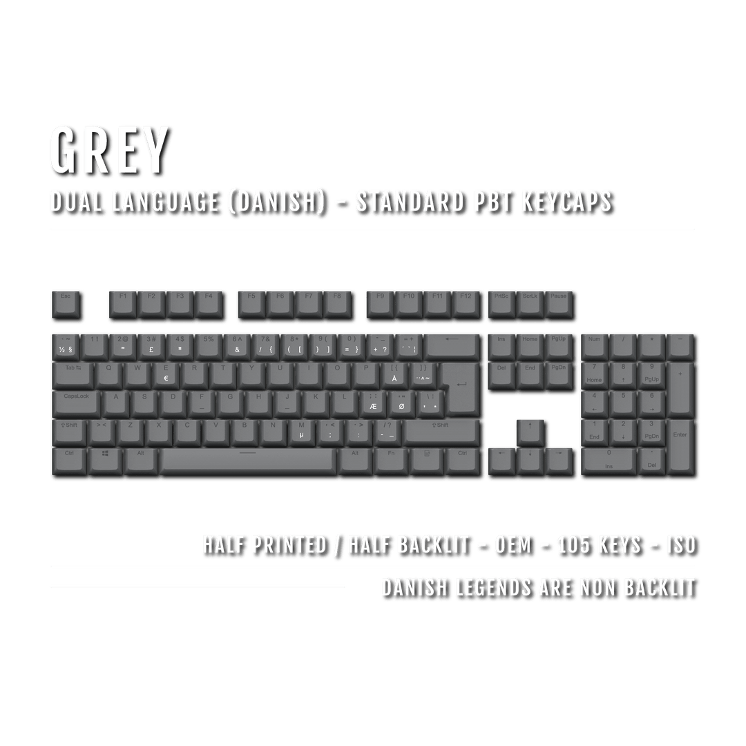 Grey PBT Danish Keycaps - ISO-DK - 100% Size - Dual Language Keycaps - kromekeycaps