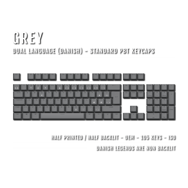 Grey PBT Danish Keycaps - ISO-DK - 100% Size - Dual Language Keycaps - kromekeycaps