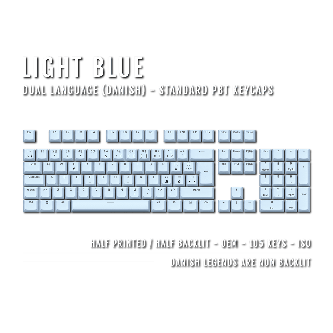 Light Blue Danish (ISO-DK) Dual Language PBT Keycaps Krome Keycaps LTD danish