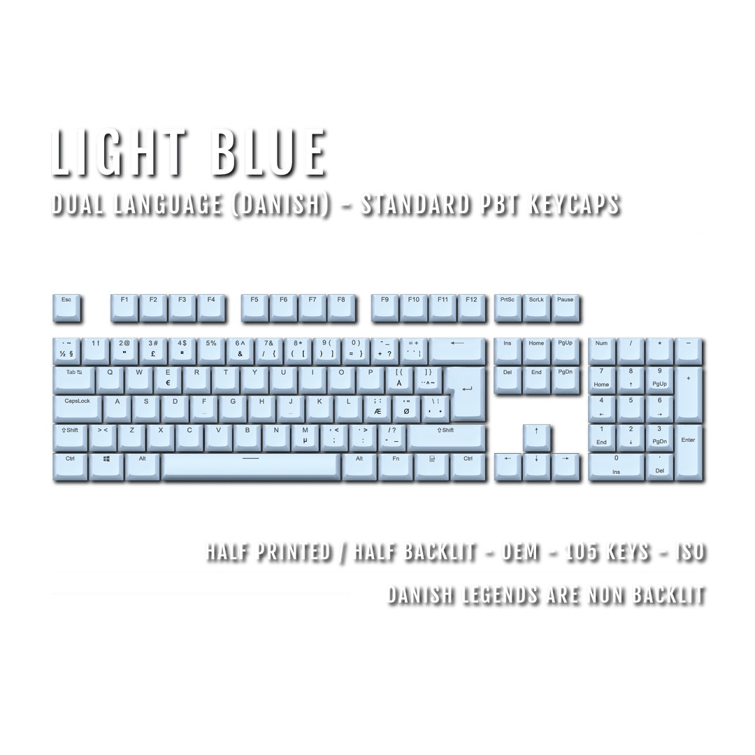 Light Blue PBT Danish Keycaps - ISO-DK - 100% Size - Dual Language Keycaps - kromekeycaps