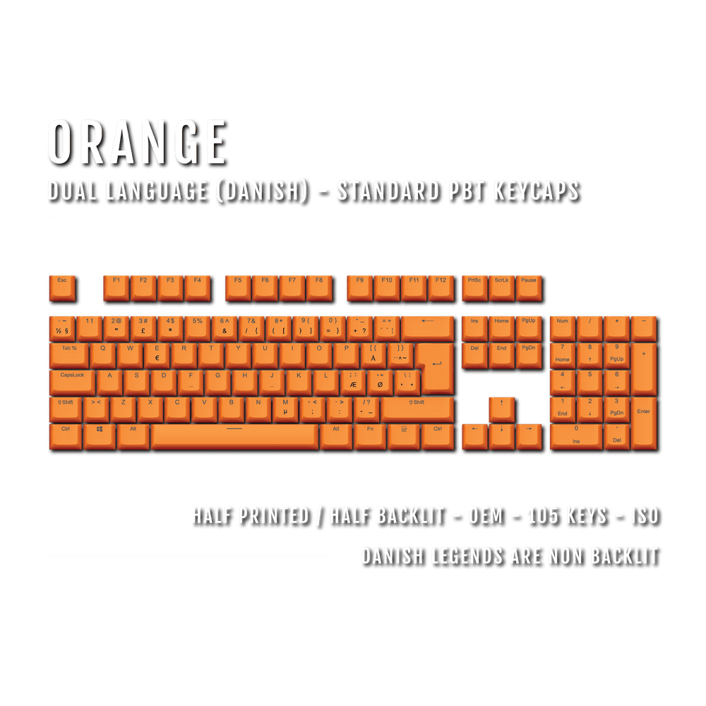 Orange PBT Danish Keycaps - ISO-DK - 100% Size - Dual Language Keycaps - kromekeycaps