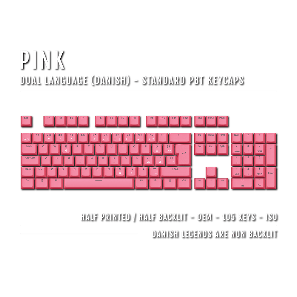 Pink PBT Danish Keycaps - ISO-DK - 100% Size - Dual Language Keycaps - kromekeycaps
