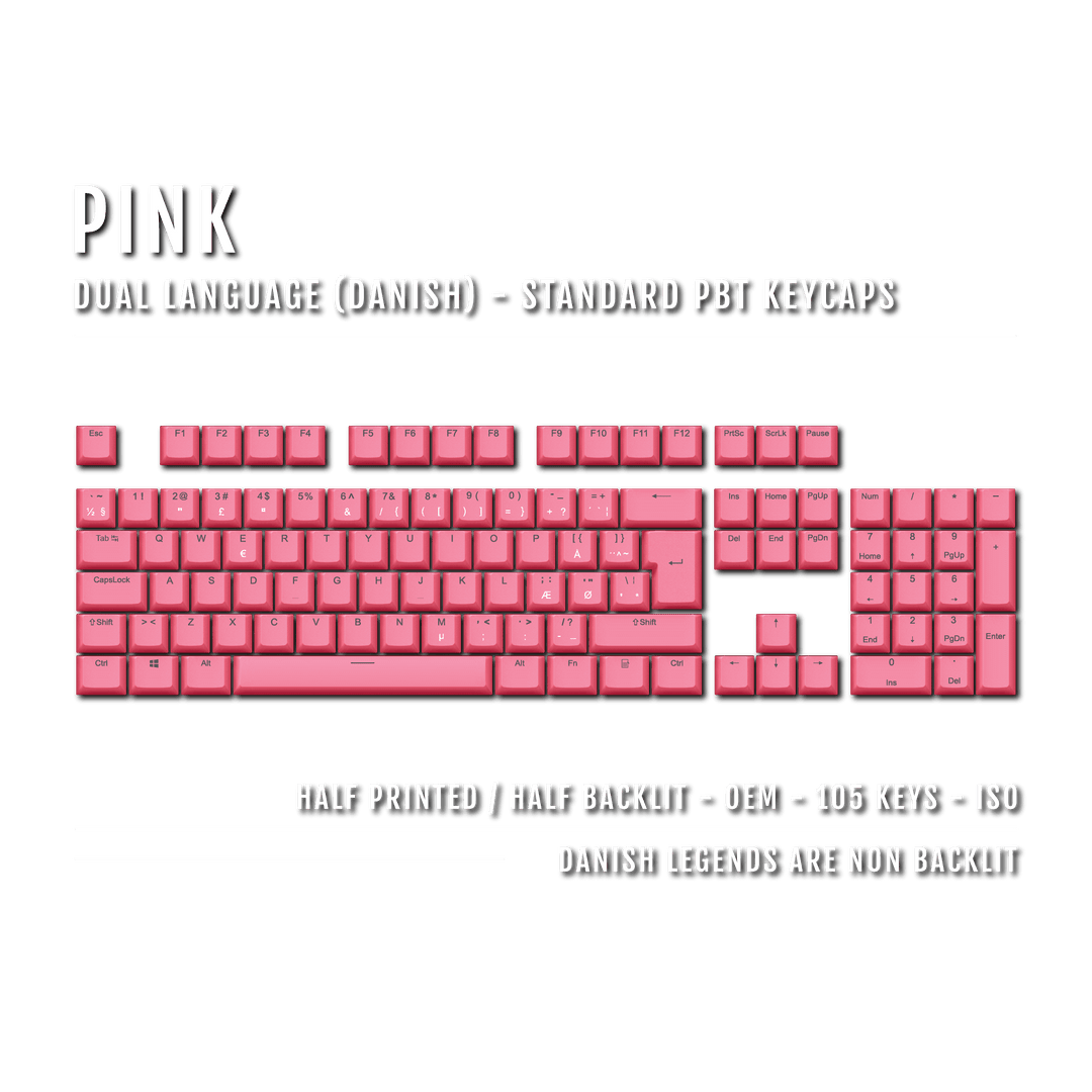 Pink PBT Danish Keycaps - ISO-DK - 100% Size - Dual Language Keycaps - kromekeycaps