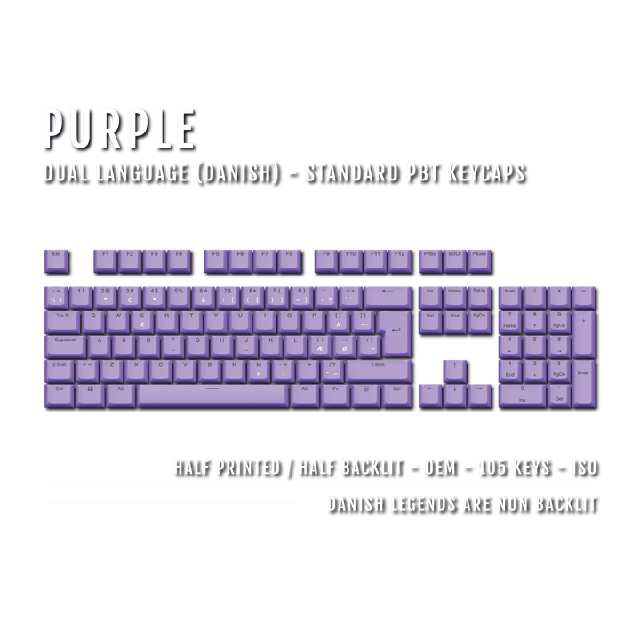 Purple PBT Danish Keycaps - ISO-DK - 100% Size - Dual Language Keycaps - kromekeycaps