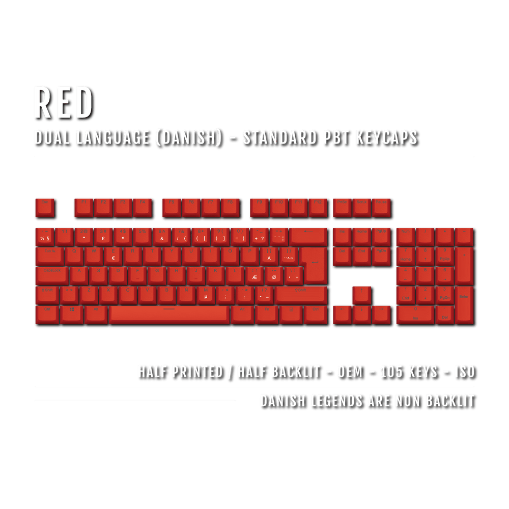 Red PBT Danish Keycaps - ISO-DK - 100% Size - Dual Language Keycaps - kromekeycaps