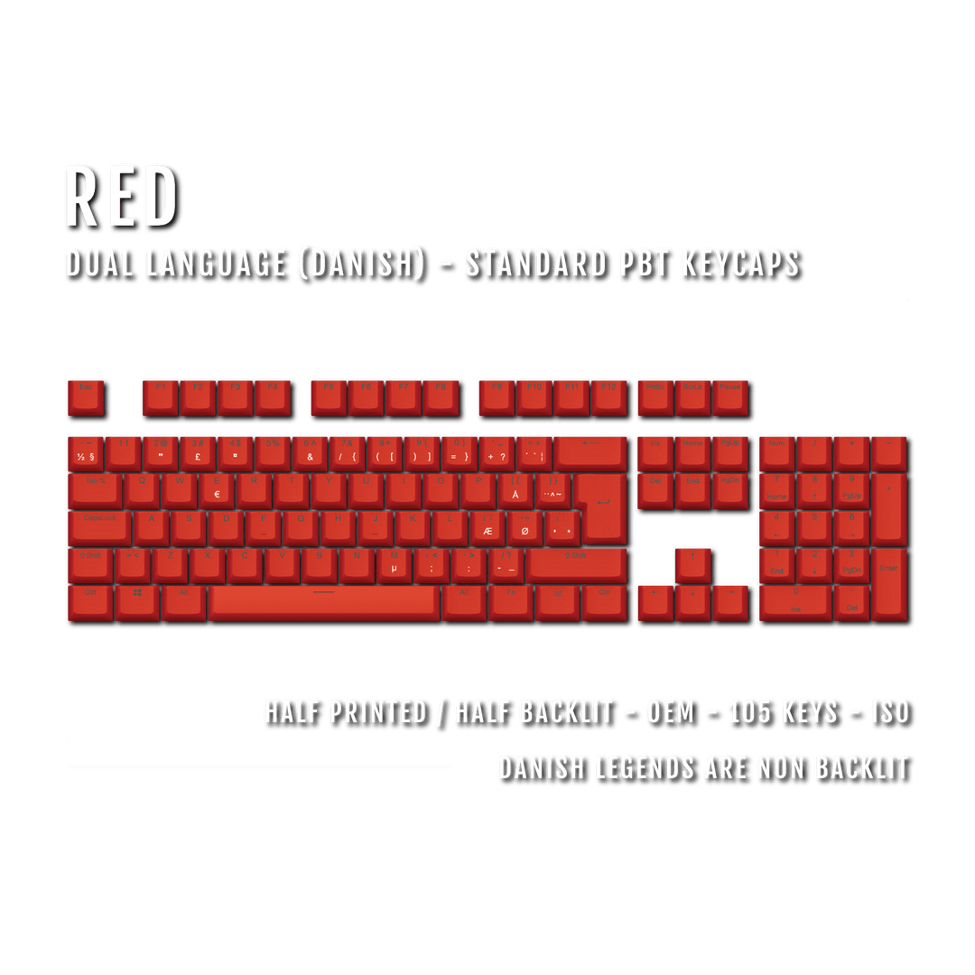 Red PBT Danish Keycaps - ISO-DK - 100% Size - Dual Language Keycaps - kromekeycaps