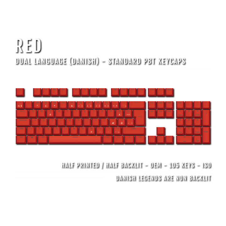 Red PBT Danish Keycaps - ISO-DK - 100% Size - Dual Language Keycaps - kromekeycaps