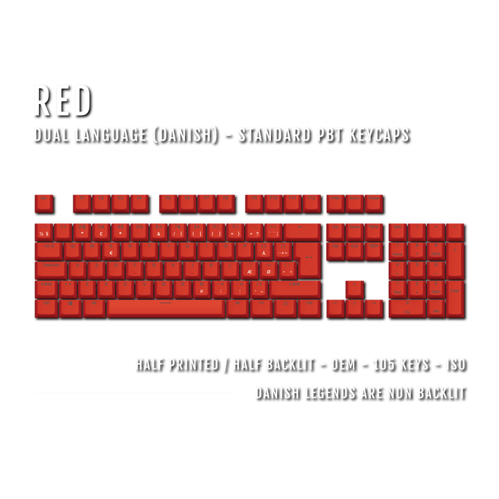 Red PBT Danish Keycaps - ISO-DK - 100% Size - Dual Language Keycaps - kromekeycaps