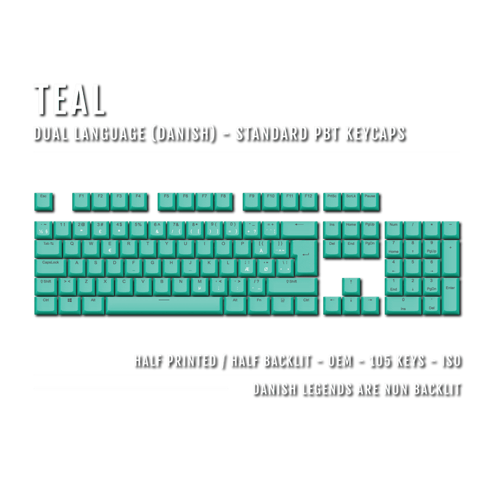 Teal PBT Danish Keycaps - ISO-DK - 100% Size - Dual Language Keycaps - kromekeycaps