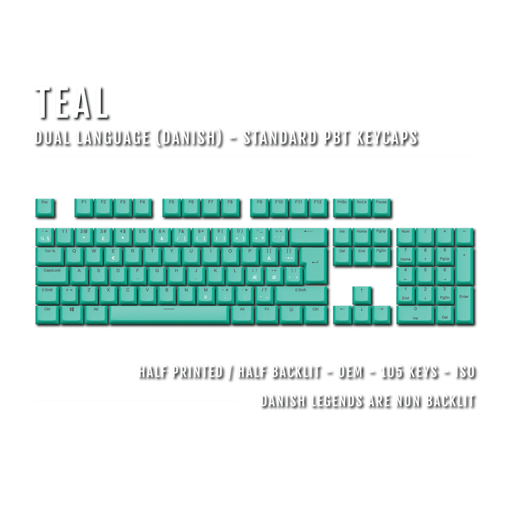 Teal PBT Danish Keycaps - ISO-DK - 100% Size - Dual Language Keycaps - kromekeycaps