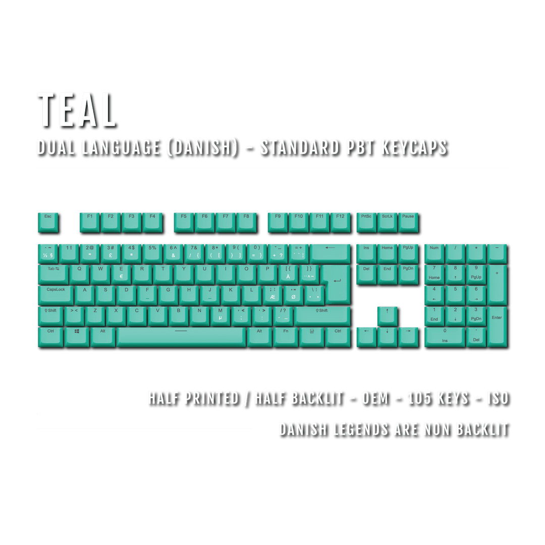 Teal PBT Danish Keycaps - ISO-DK - 100% Size - Dual Language Keycaps - kromekeycaps