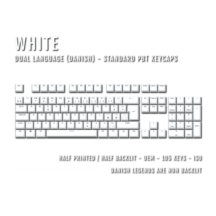 White PBT Danish Keycaps - ISO-DK - 100% Size - Dual Language Keycaps - kromekeycaps