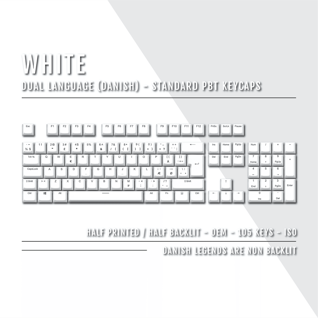White Danish (ISO-DK) Dual Language PBT Keycaps Krome Keycaps LTD danish