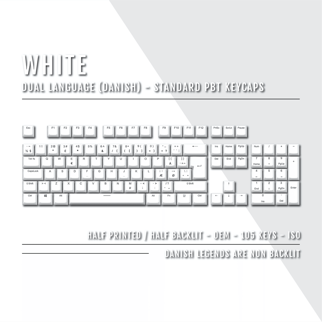 White PBT Danish Keycaps - ISO-DK - 100% Size - Dual Language Keycaps - kromekeycaps