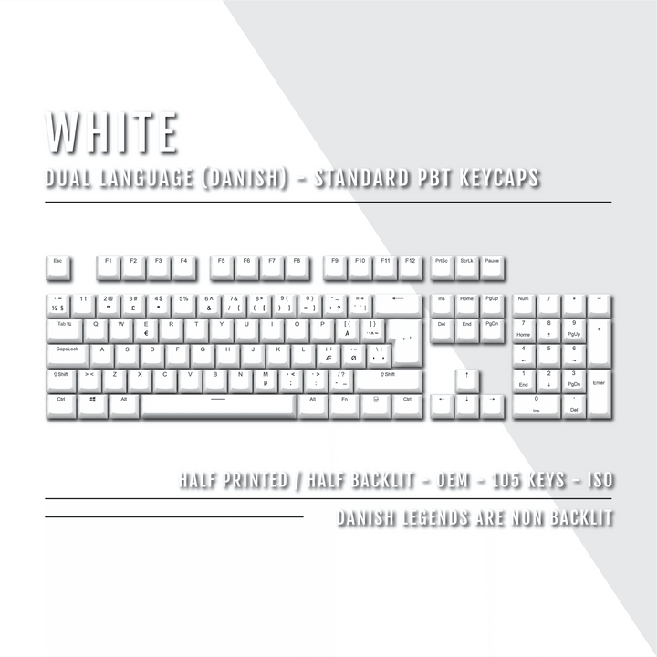 White Danish (ISO-DK) Dual Language PBT Keycaps Krome Keycaps LTD danish