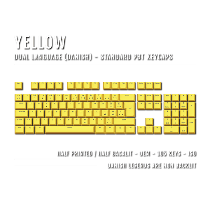Yellow PBT Danish Keycaps - ISO-DK - 100% Size - Dual Language Keycaps - kromekeycaps