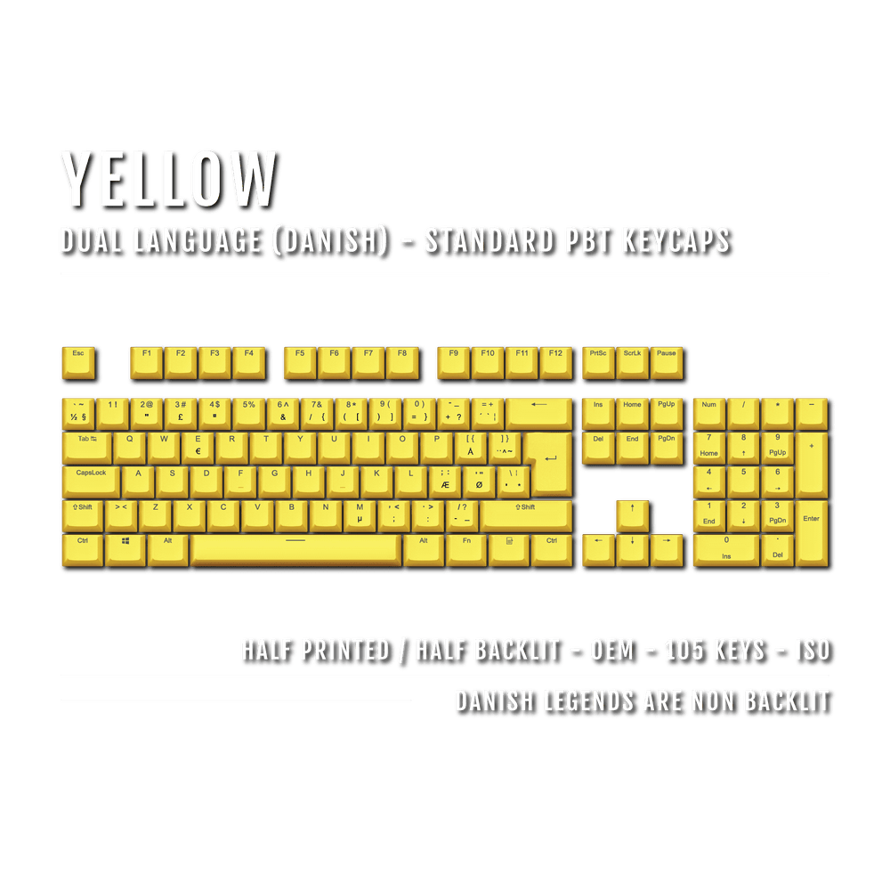 Yellow PBT Danish Keycaps - ISO-DK - 100% Size - Dual Language Keycaps - kromekeycaps