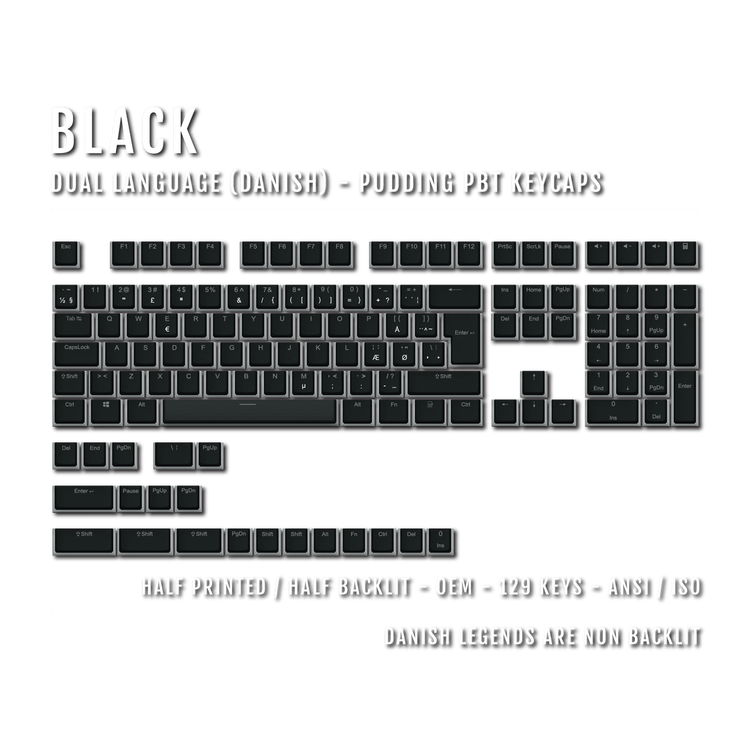 Black Danish (ISO-DK) Dual Language PBT Pudding Keycaps