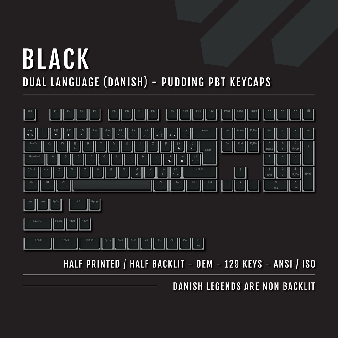 Black Danish (ISO-DK) Dual Language PBT Pudding Keycaps