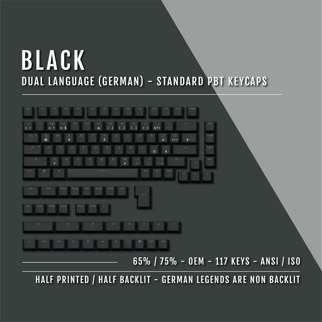 Black German (ISO-DE) Dual Language PBT Keycaps - 65/75% Krome Keycaps LTD german