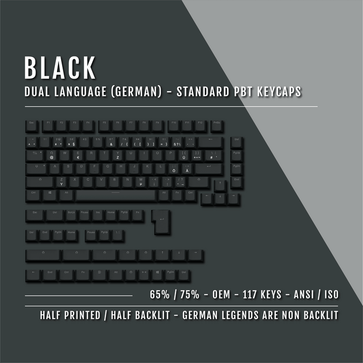 Black German (ISO-DE) Dual Language PBT Keycaps - 65/75% Krome Keycaps LTD german