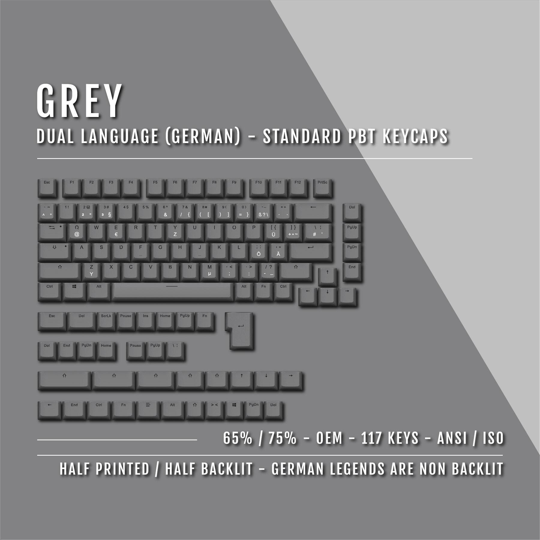 Grey PBT German Keycaps - ISO-DE - 65/75% Sizes - Dual Language Keycap ...