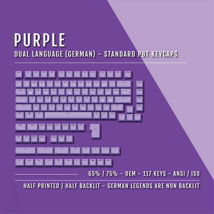 Purple PBT German Keycaps - ISO-DE - 65/75% Sizes - Dual Language Keycaps - kromekeycaps