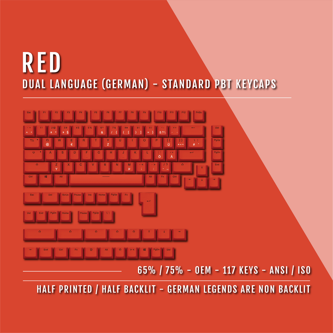 Red German (ISO-DE) Dual Language PBT Keycaps - 65/75% Krome Keycaps LTD german