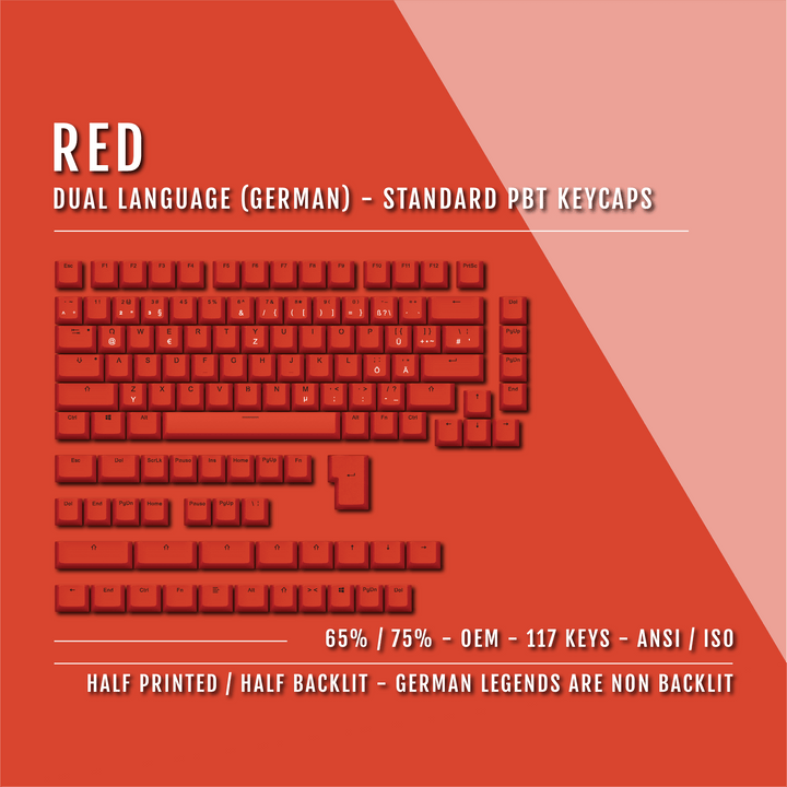 Red PBT German Keycaps - ISO-DE - 65/75% Sizes - Dual Language Keycaps - kromekeycaps