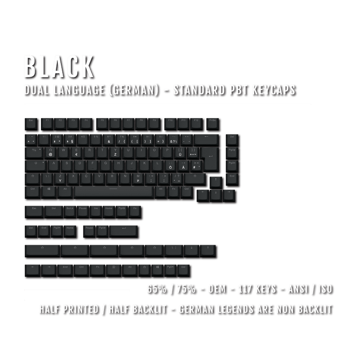 Black PBT German Keycaps - ISO-DE - 65/75% Sizes - Dual Language Keycaps - kromekeycaps