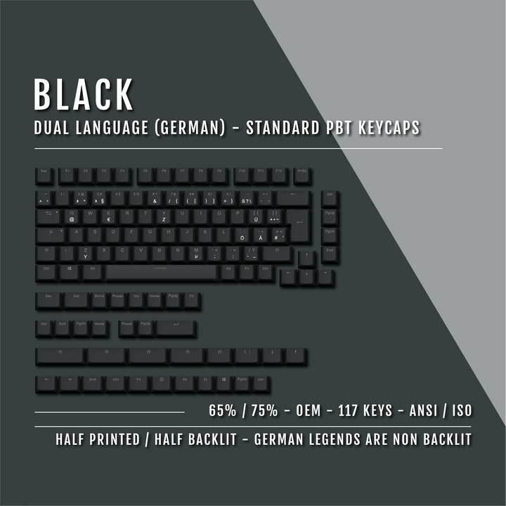 Black PBT German Keycaps - ISO-DE - 65/75% Sizes - Dual Language Keycaps - kromekeycaps