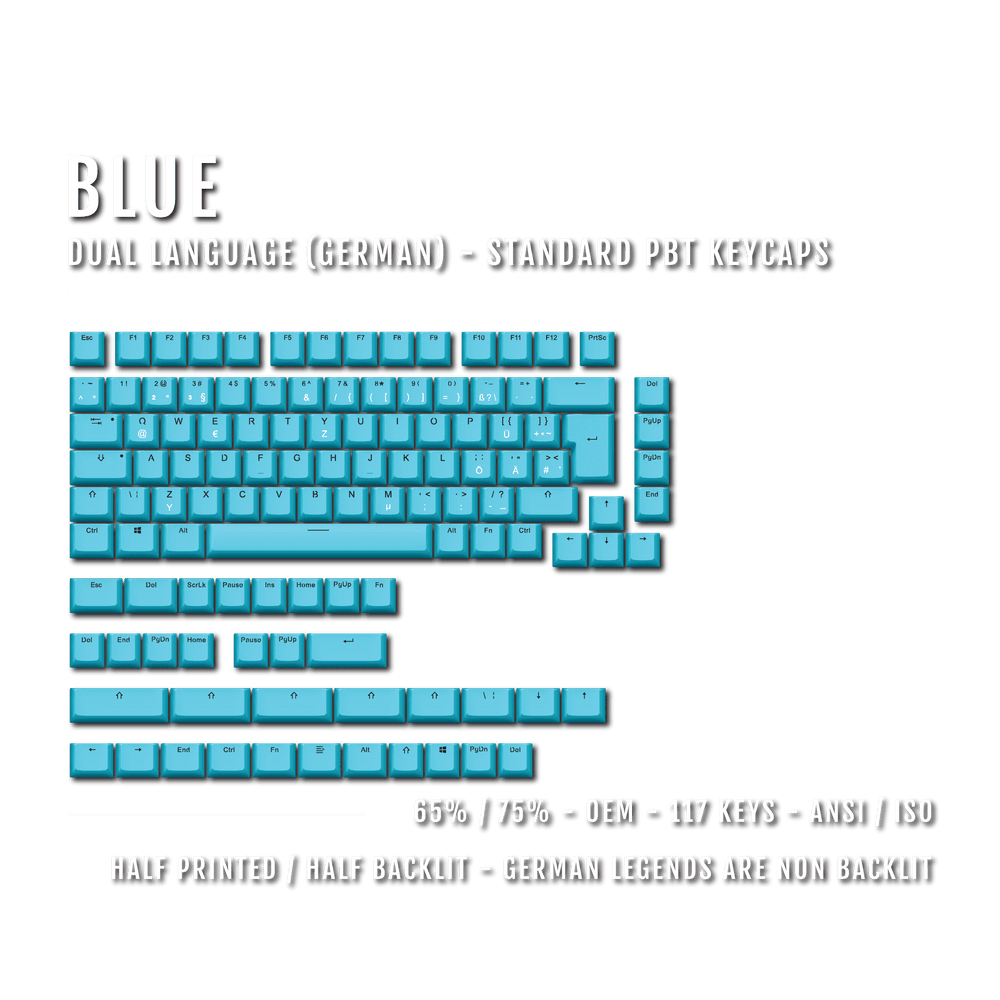 Blue PBT German Keycaps - ISO-DE - 65/75% Sizes - Dual Language Keycaps - kromekeycaps