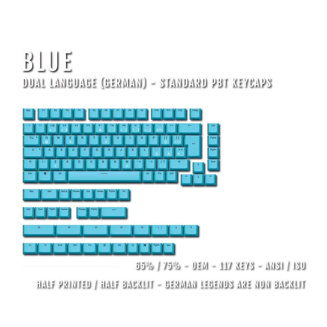 Blue German (ISO-DE) Dual Language PBT Keycaps - 65/75% Krome Keycaps LTD german
