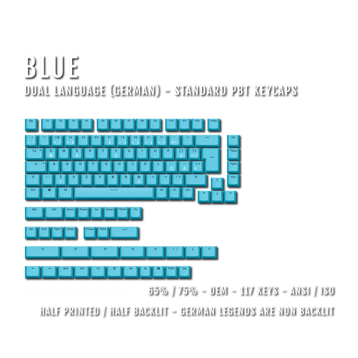 Blue German (ISO-DE) Dual Language PBT Keycaps - 65/75% Krome Keycaps LTD german