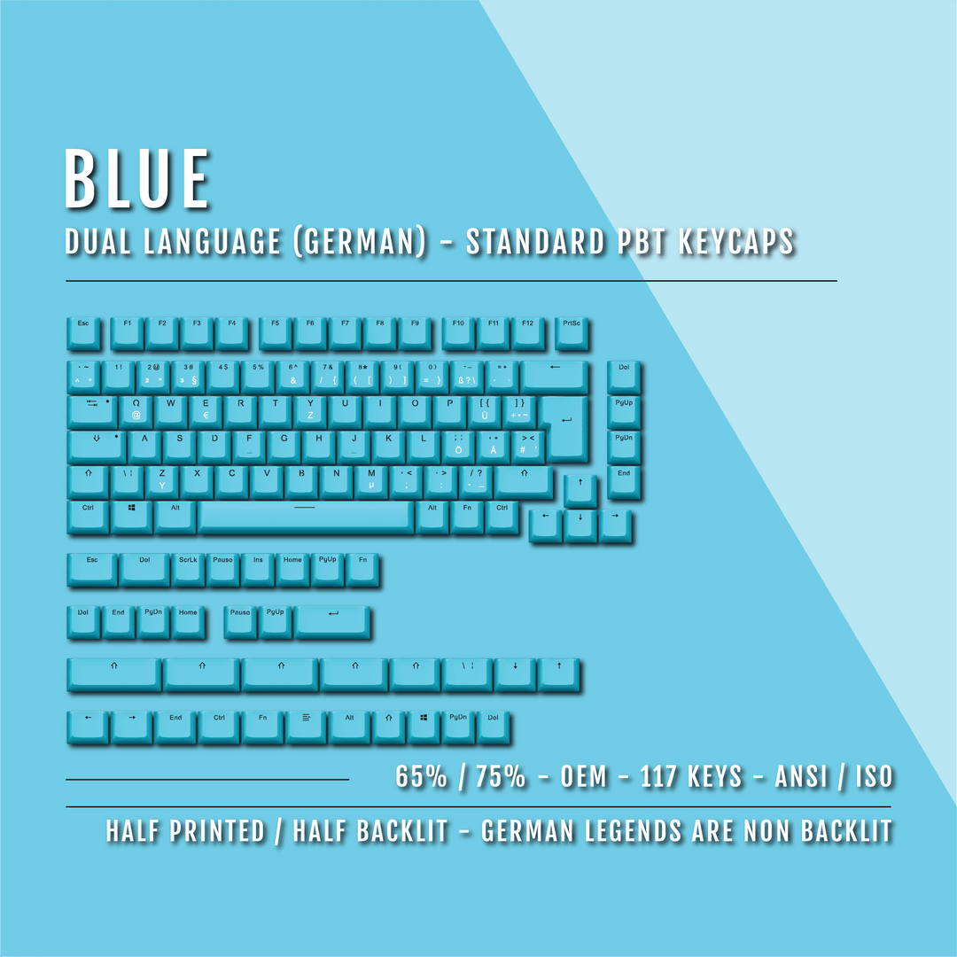 Blue PBT German Keycaps - ISO-DE - 65/75% Sizes - Dual Language Keycaps - kromekeycaps